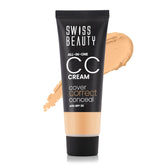 Swiss Beauty All-in-One CC Cream tube, light beige shade, SPF 30, with swatch