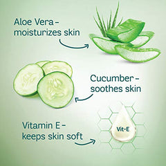 Aloe vera and cucumber ingredient graphic with vitamin E drop icon
