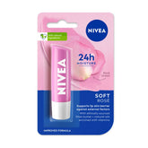 NIVEA Soft Rosé lip balm in tube with pink cap, in blister retail pack.