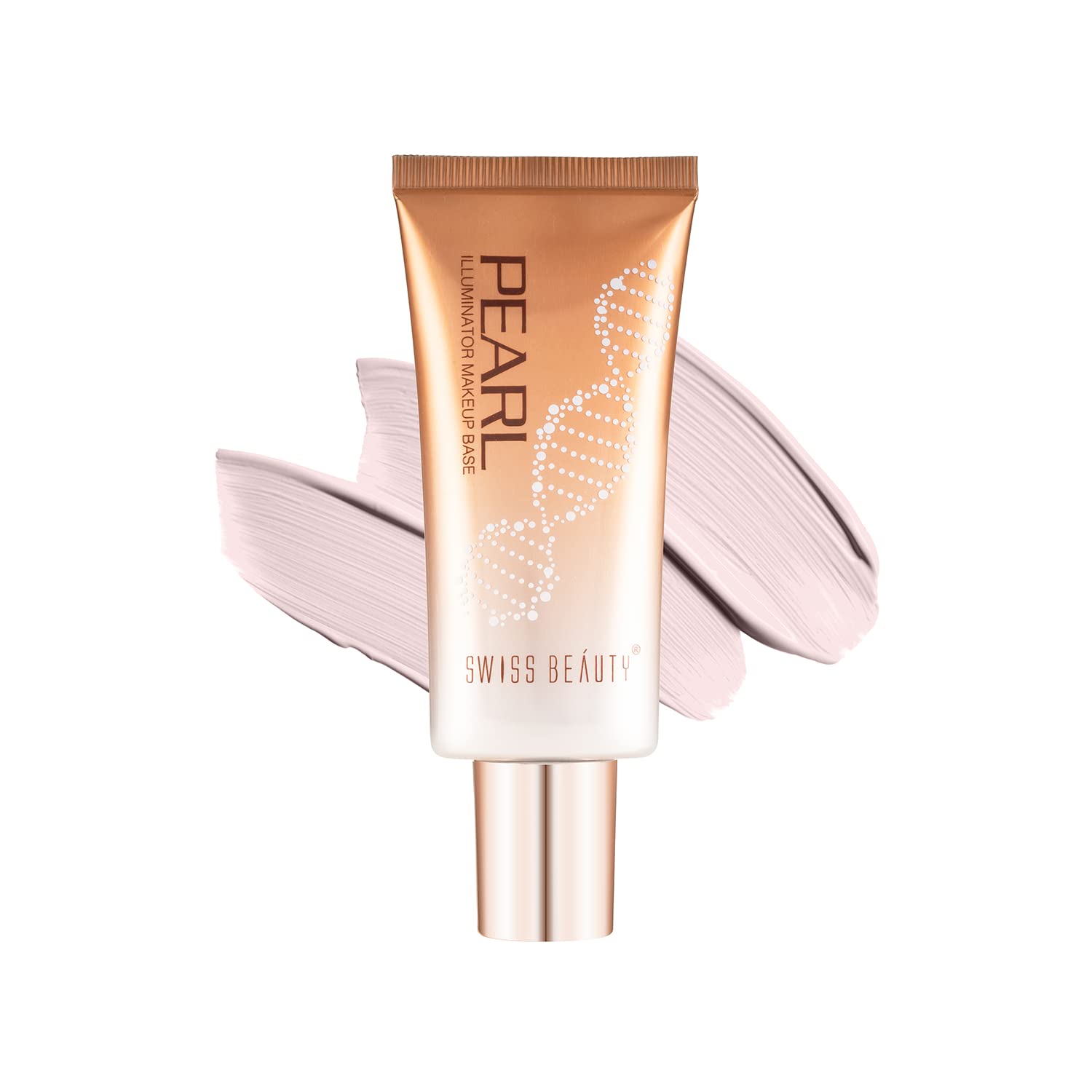 Pearl illuminator makeup base in silver-pink shade, squeeze tube with cap
