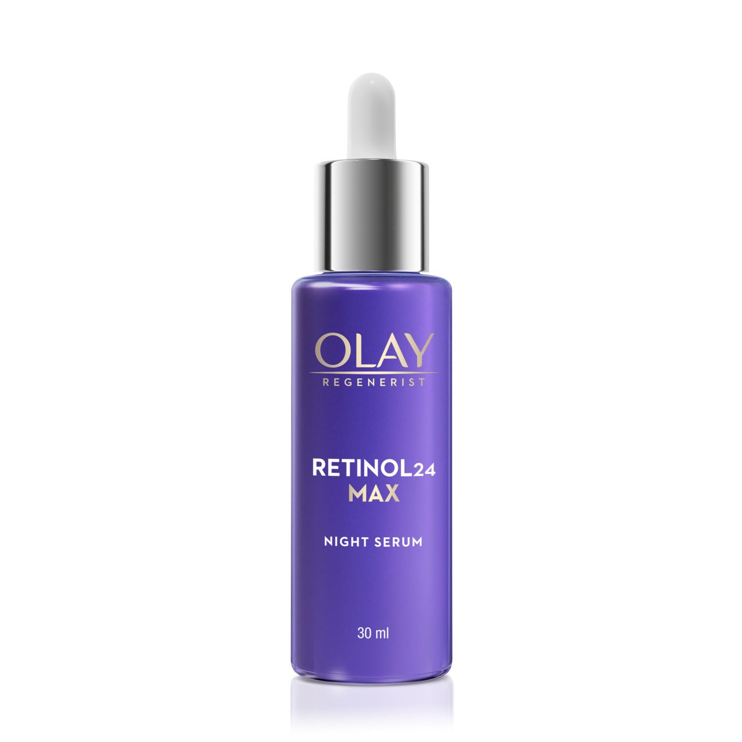 OLAY Retinol 24 Max night serum bottle with silver dropper, 30 ml, purple