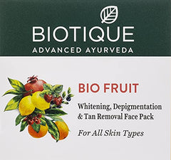 Biotique Bio Fruit face pack box front with fruit artwork and whitening text