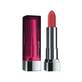 Maybelline creamy matte lipstick in heated pink shade, with silver cap and bullet.