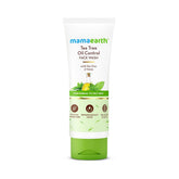 Tea tree oil control face wash tube, white with green base, Mamaearth label