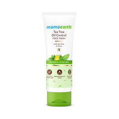 Tea tree oil control face wash tube, white with green base, Mamaearth label