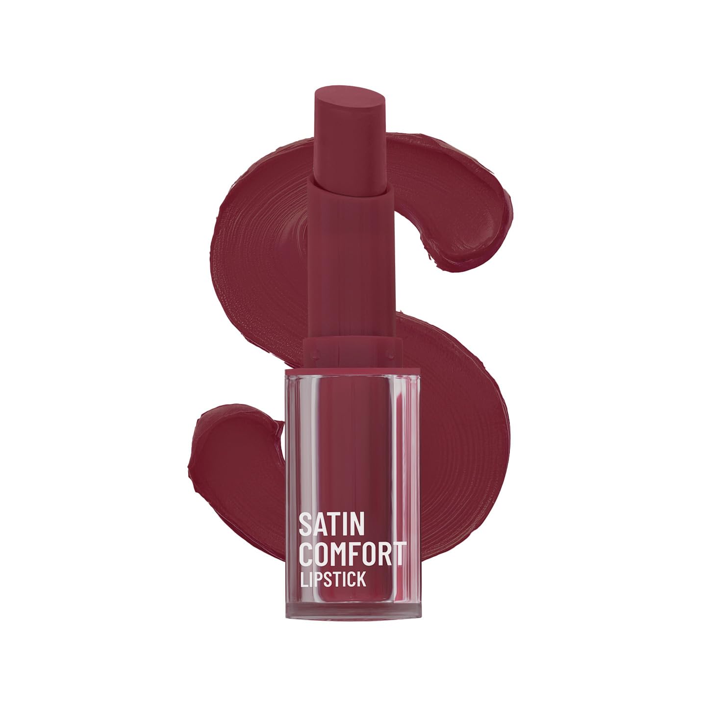 Satin comfort lipstick in a wine shade, capped bullet and clear tube