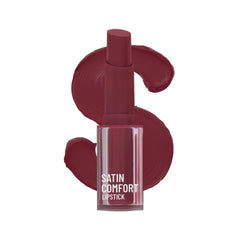 Satin comfort lipstick in a wine shade, capped bullet and clear tube
