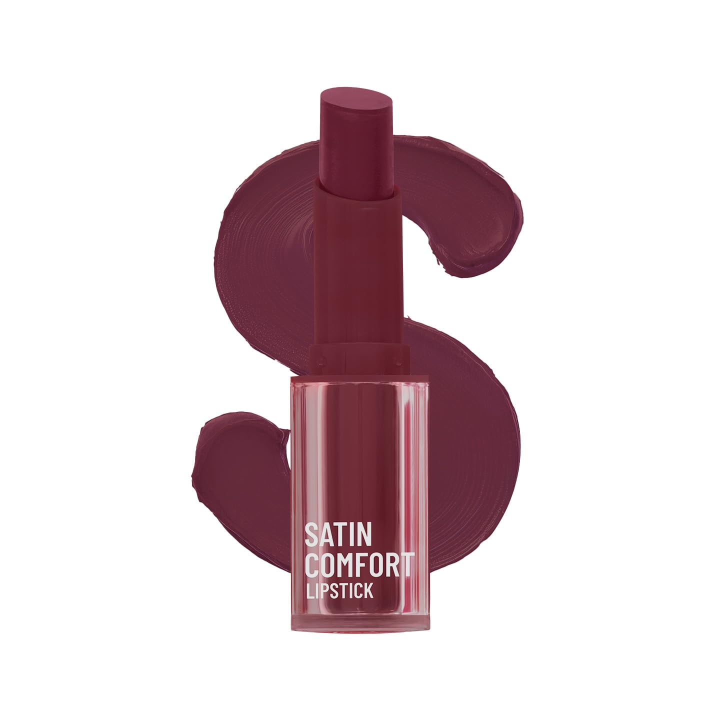 Satin comfort lipstick in maroon-red shade, clear tube with dark cap