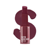 Satin comfort lipstick in maroon-red shade, clear tube with dark cap