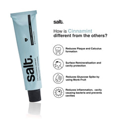 Toothpaste tube, light blue with black cap, with icon callouts on package