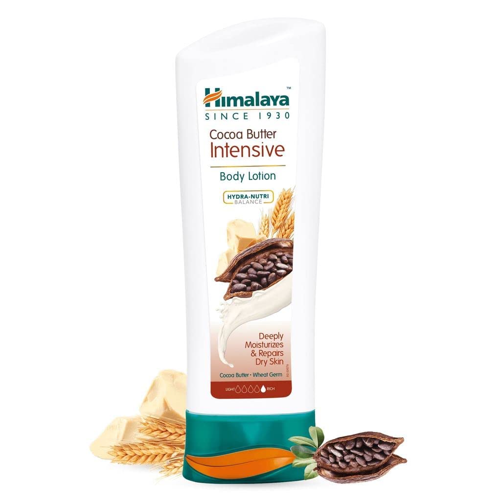 Cocoa butter intensive body lotion bottle, white tube with teal cap and label