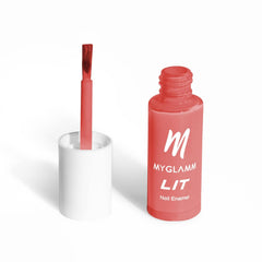 Nail enamel bottle with coral-pink polish and open brush applicator