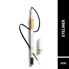 Black kohl eyeliner pencil with gold cap and fine smudged swatch on skin