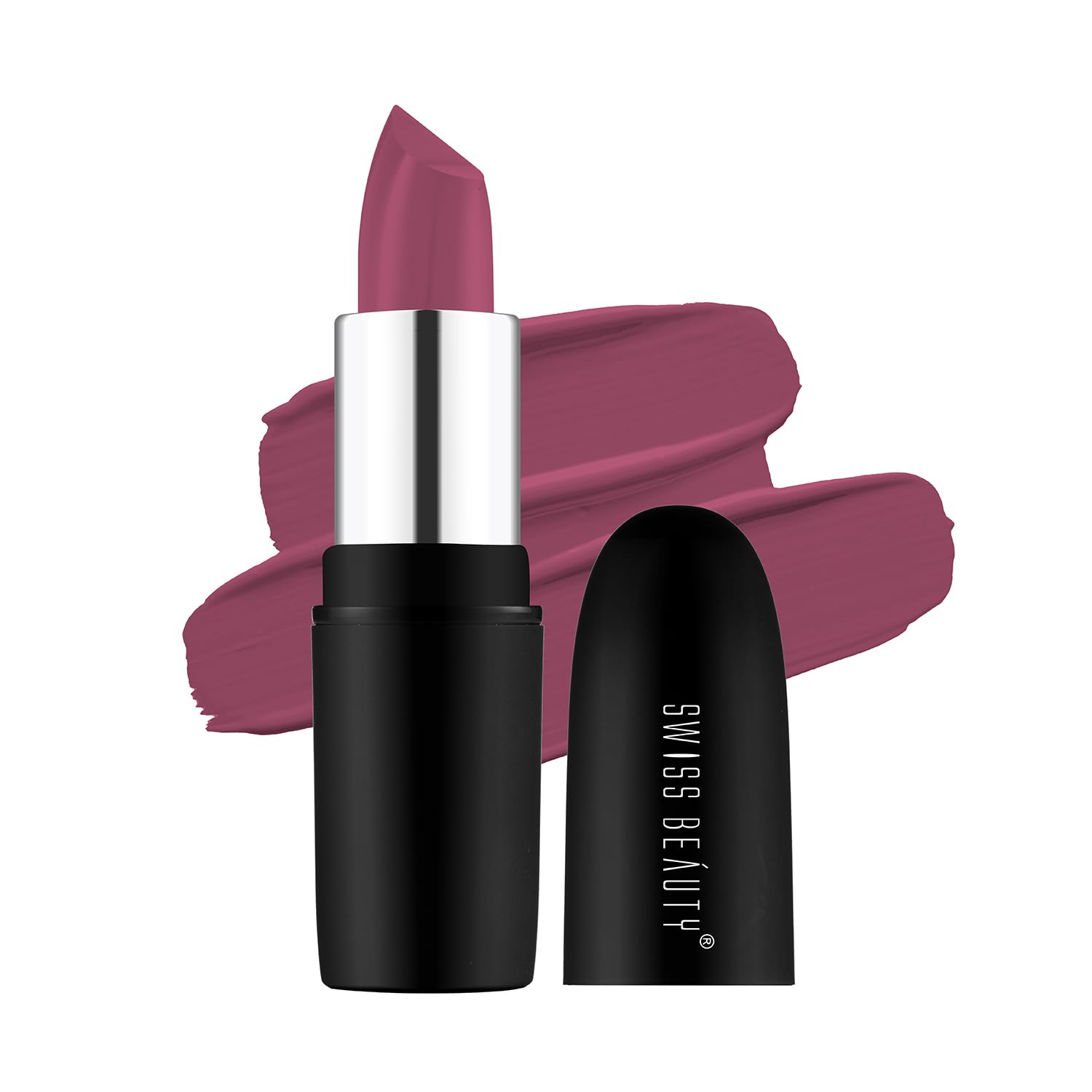 Matte lipstick tube with maroon lip color swatch