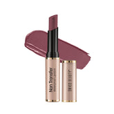 Waterproof non-transfer lipstick with mauve lipstick swatch and gold-capped tube