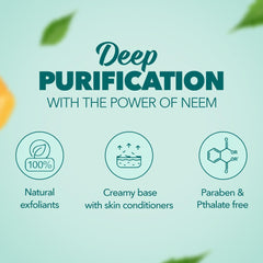 Face scrub tube with infographic style bullets for deep purification benefits