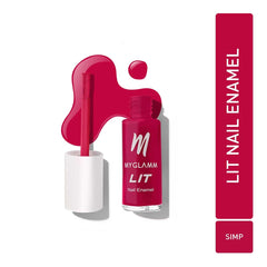 Fuchsia nail enamel bottle with open cap, brush, and shade swatch