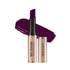 Purple waterproof lipstick in gold-trimmed tube with matching lip swatch