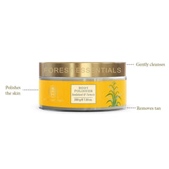 Body polisher jar, yellow label with 'Body Polisher' text, gold lid and arrows