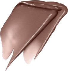 Nude-brown liquid lipstick swatch with glossy, smeared finish