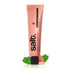 Peach toothpaste tube with black cap, Salt and Senergy Sensitivity branding