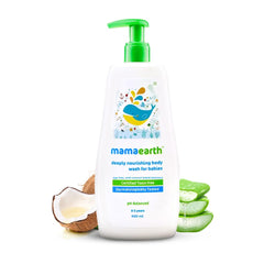 Baby body wash bottle with green pump, with coconut, aloe and orange ingredients shown