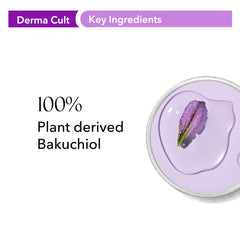 Key ingredients panel with 100% plant-derived bakuchiol graphic in purple