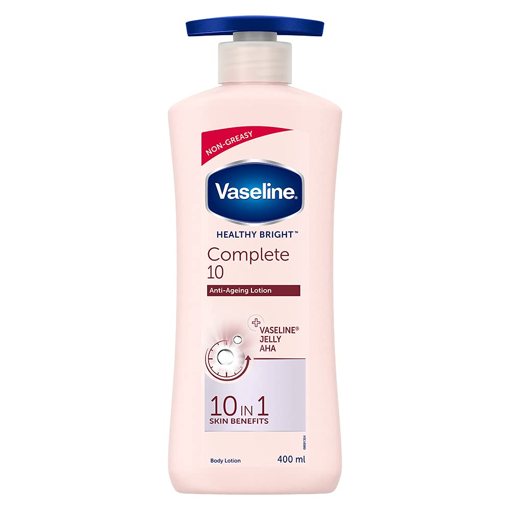 Vaseline healthy bright body lotion bottle, pale pink with blue cap, 400 ml