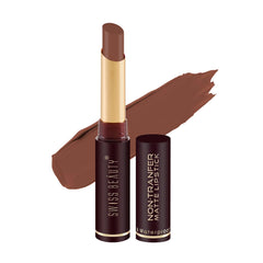 Swiss Beauty nude-brown matte waterproof lipstick, tube and open applicator