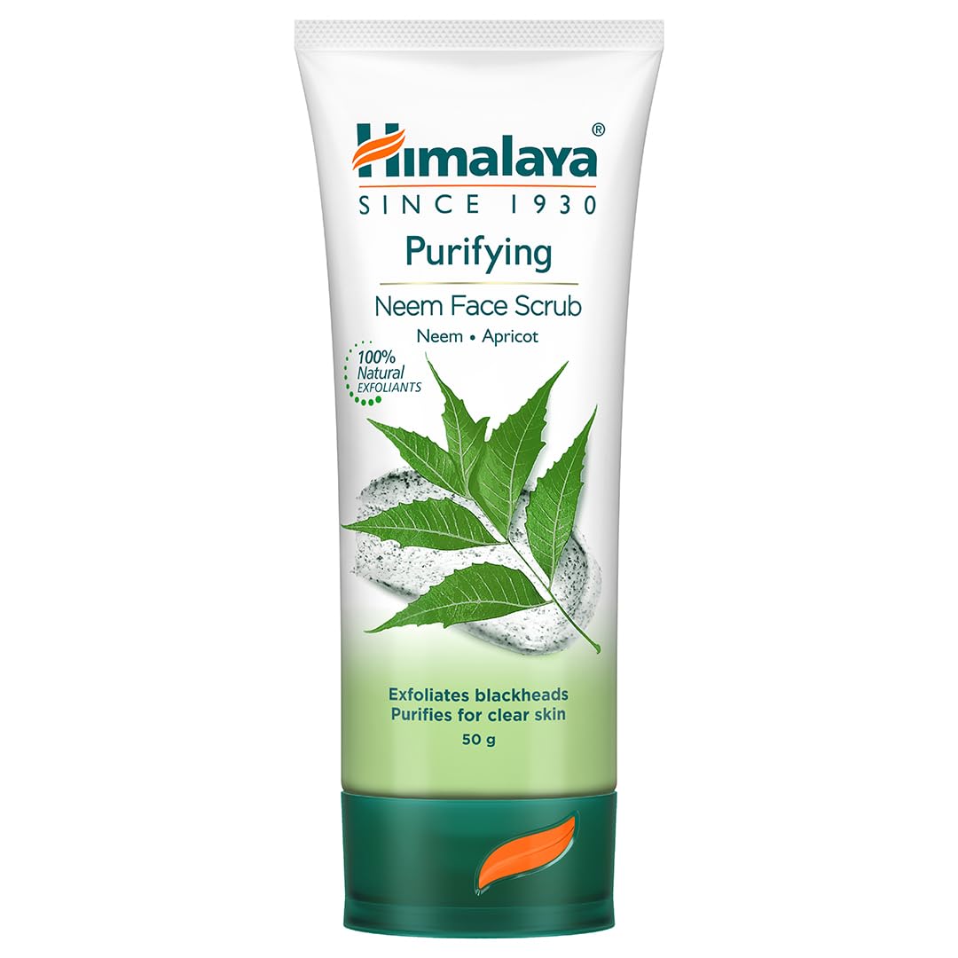 White and green Himalaya neem face scrub tube, 50 g, with leaf graphics