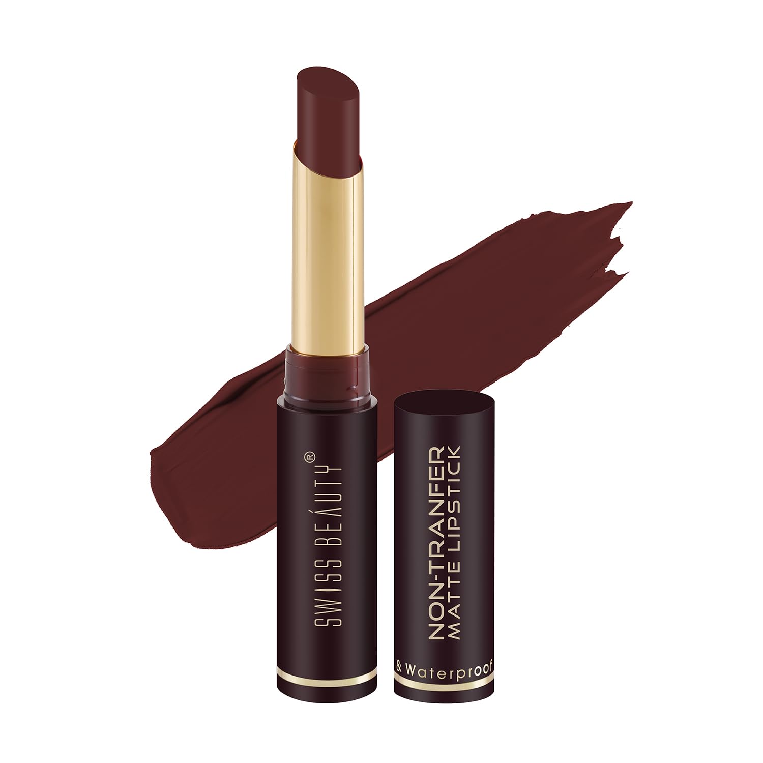 Matte waterproof lipstick in dark brown-red shade with open bullet and cap