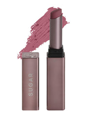 Rosy pink satin lipstick with silver bullet holder, black cap, and lip swatch