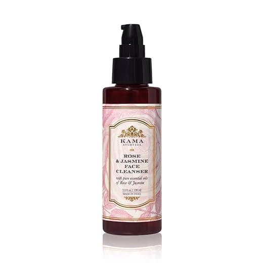 Rose jasmine face cleanser bottle with black pump, maroon glass and pink label