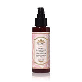 Rose jasmine face cleanser bottle with black pump, maroon glass and pink label