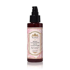 Rose jasmine face cleanser bottle with black pump, maroon glass and pink label