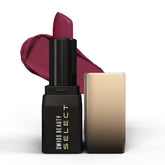Maroon matte lipstick with open black tube, angled bullet and cap.