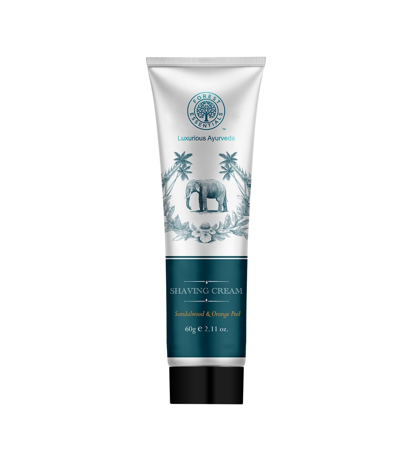 Forest Essentials shaving cream tube, white with teal band and elephant logo