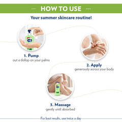 Vaseline aloe fresh body lotion bottle shown with hands applying lotion on skin