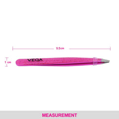 Vega pink glitter slant tip tweezer, side view with angled metal tips