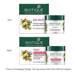 Biotique fruit face pack packaging with old and new boxes and jars