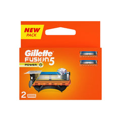 Razor blade cartridge pack, front view, with two blue blades in orange box