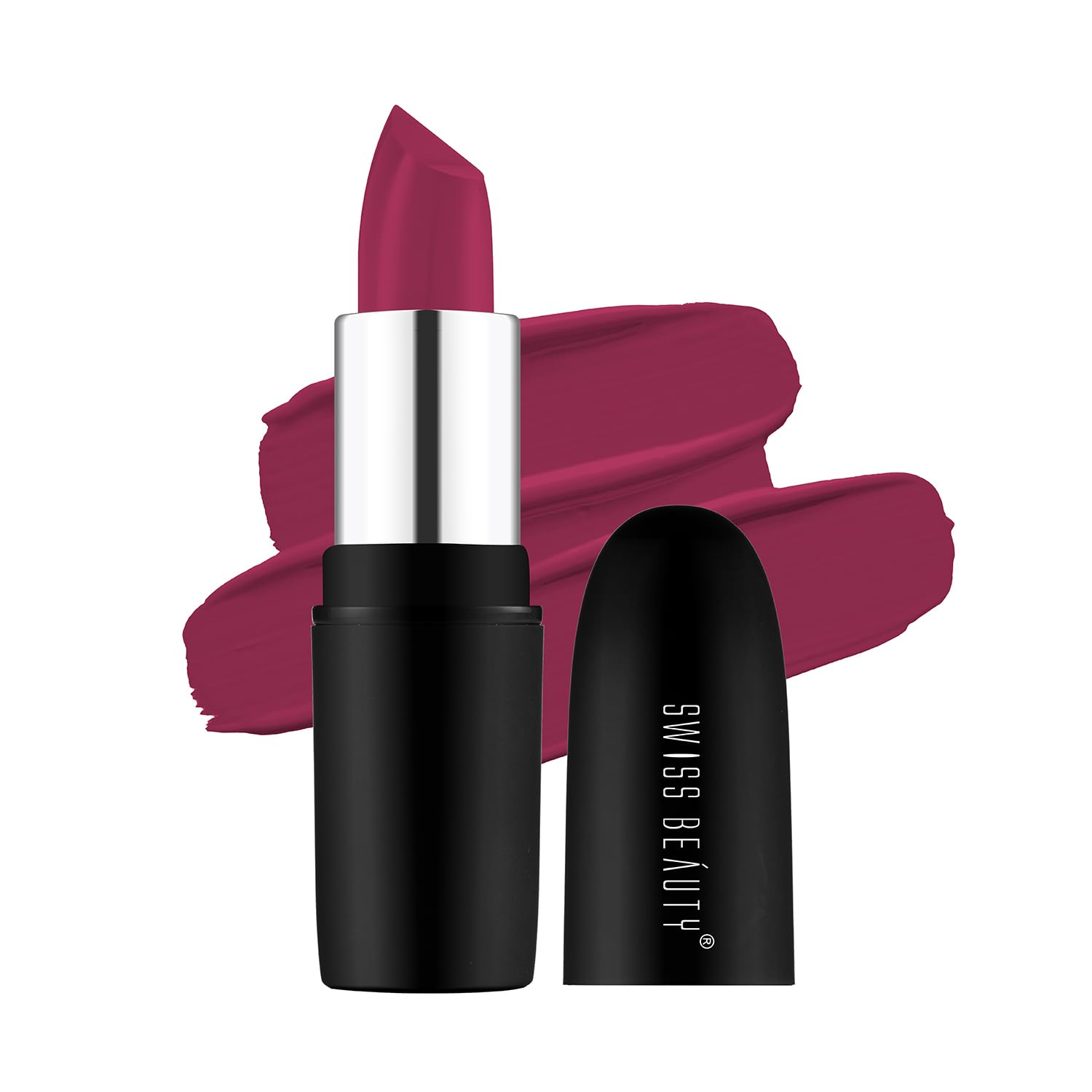 Bold wine lipstick bullet with black tube and silver cap, shade 228