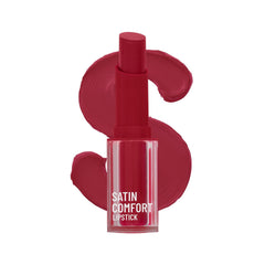 Satin Comfort lipstick in brick-red, clear tube with SATIN COMFORT label