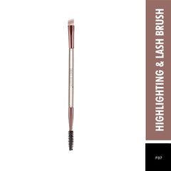 Highlighting and lash brush, rose gold bristle head, beige handle, lash spool end