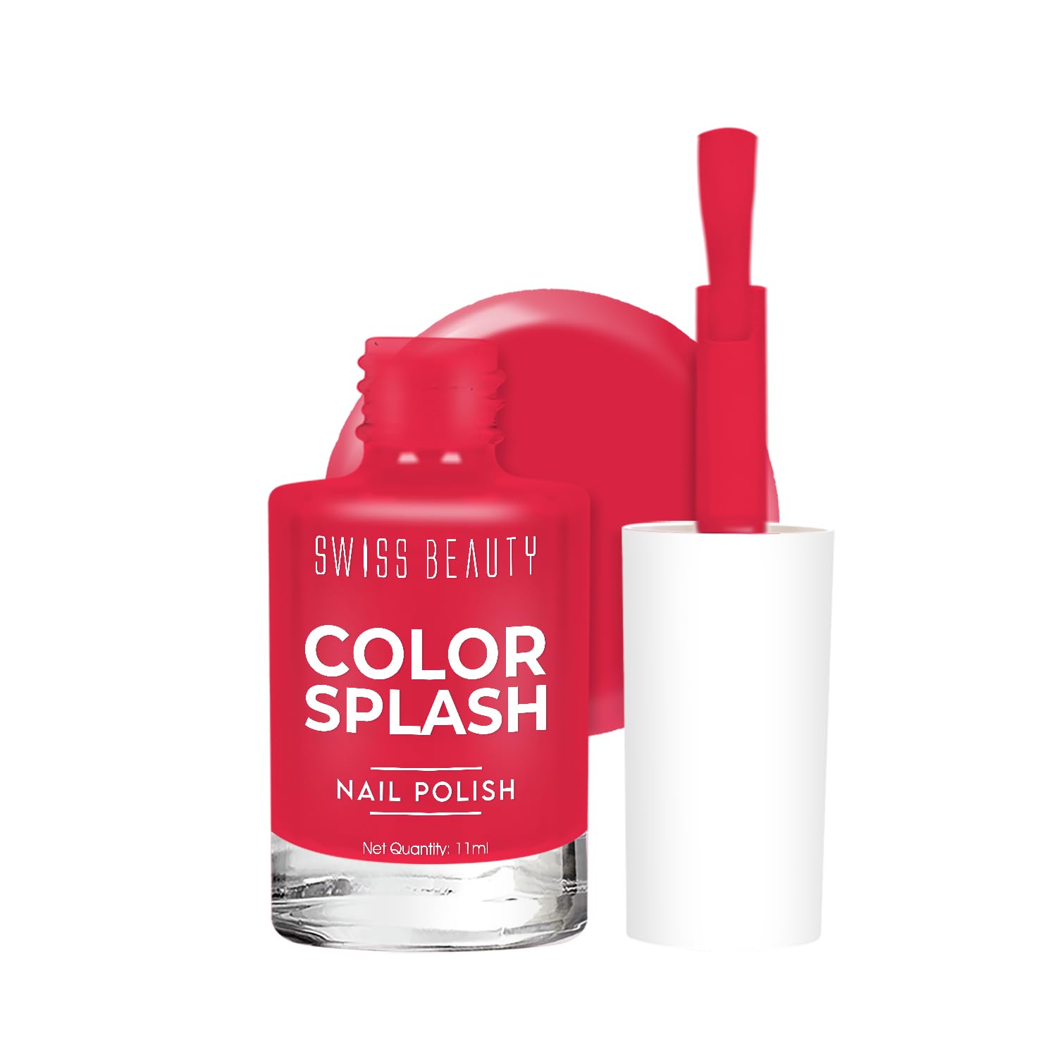 Swiss Beauty Color Splash nail polish bottle with open brush, red-pink shade