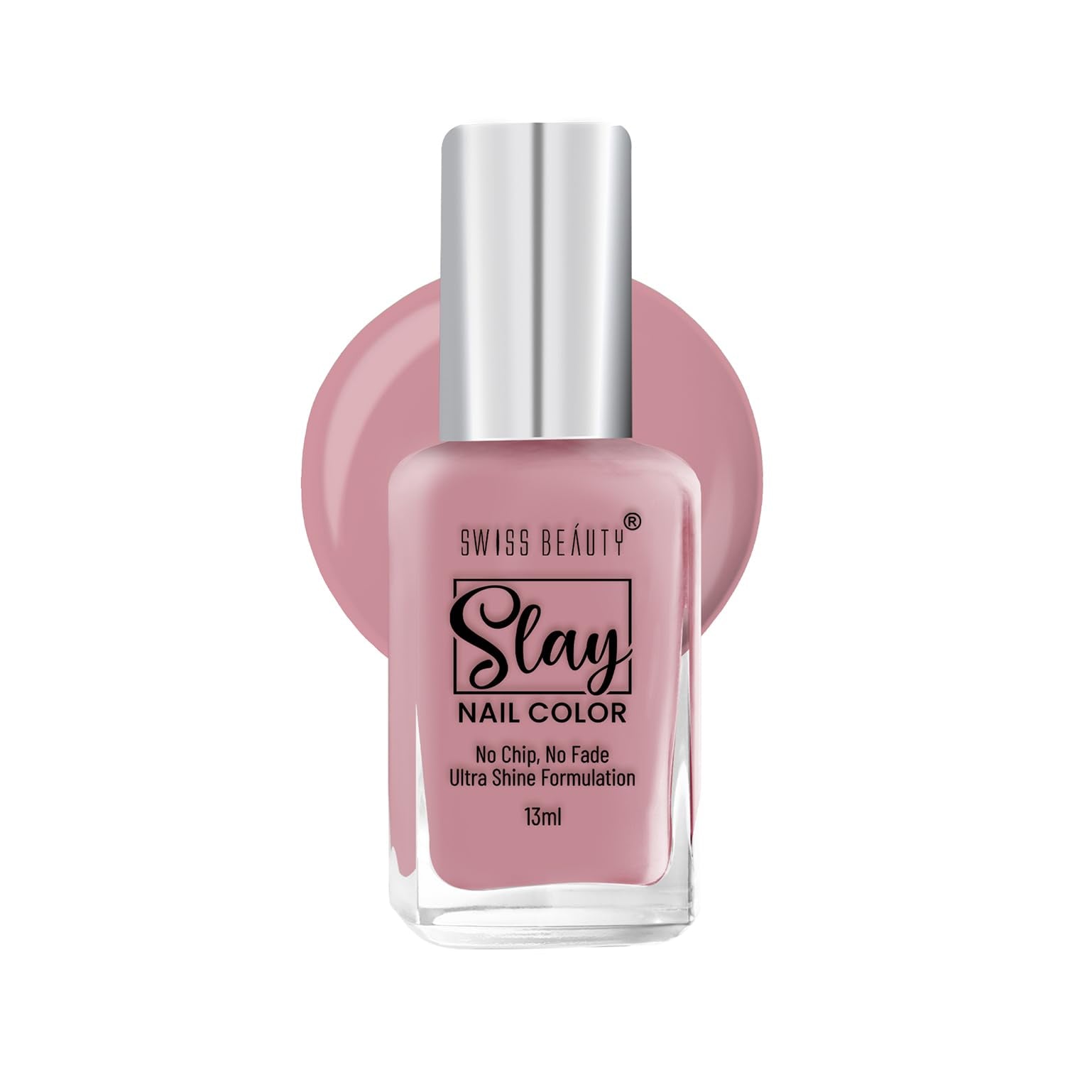 Lavender-toned nail polish bottle with silver cap and square glass base