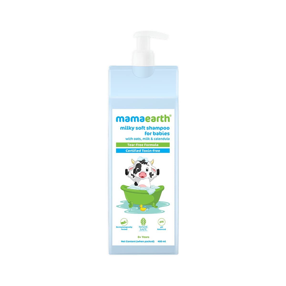 Baby shampoo bottle with pump, light blue label, Mamaearth branding