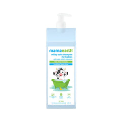 Baby shampoo bottle with pump, light blue label, Mamaearth branding