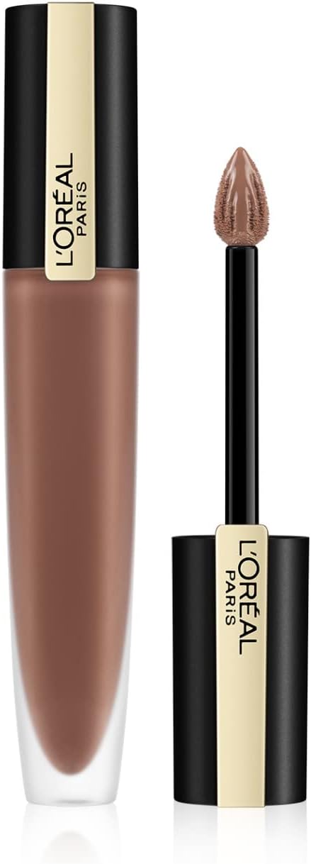 Liquid lipstick in matte nude-brown shade with black-and-gold applicator tube