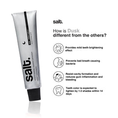 Toothpaste tube, silver metal tube with black nozzle cap, Salt; marketing callouts nearby